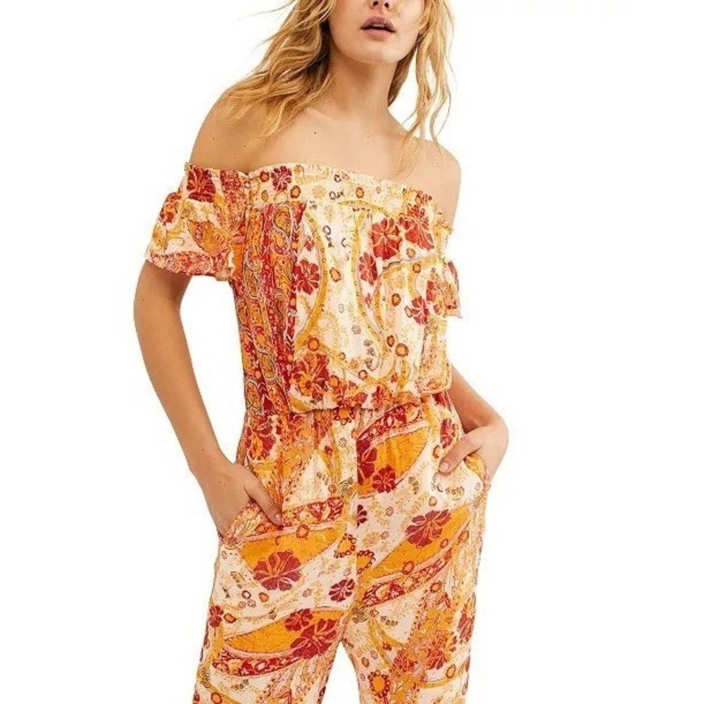 Free People Carmen Printed Jumpsuit, Golden Gate, Wide Leg Pants Romper Size XS